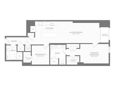 Floor plan for 2 beds, 2 baths, 1009 sqft